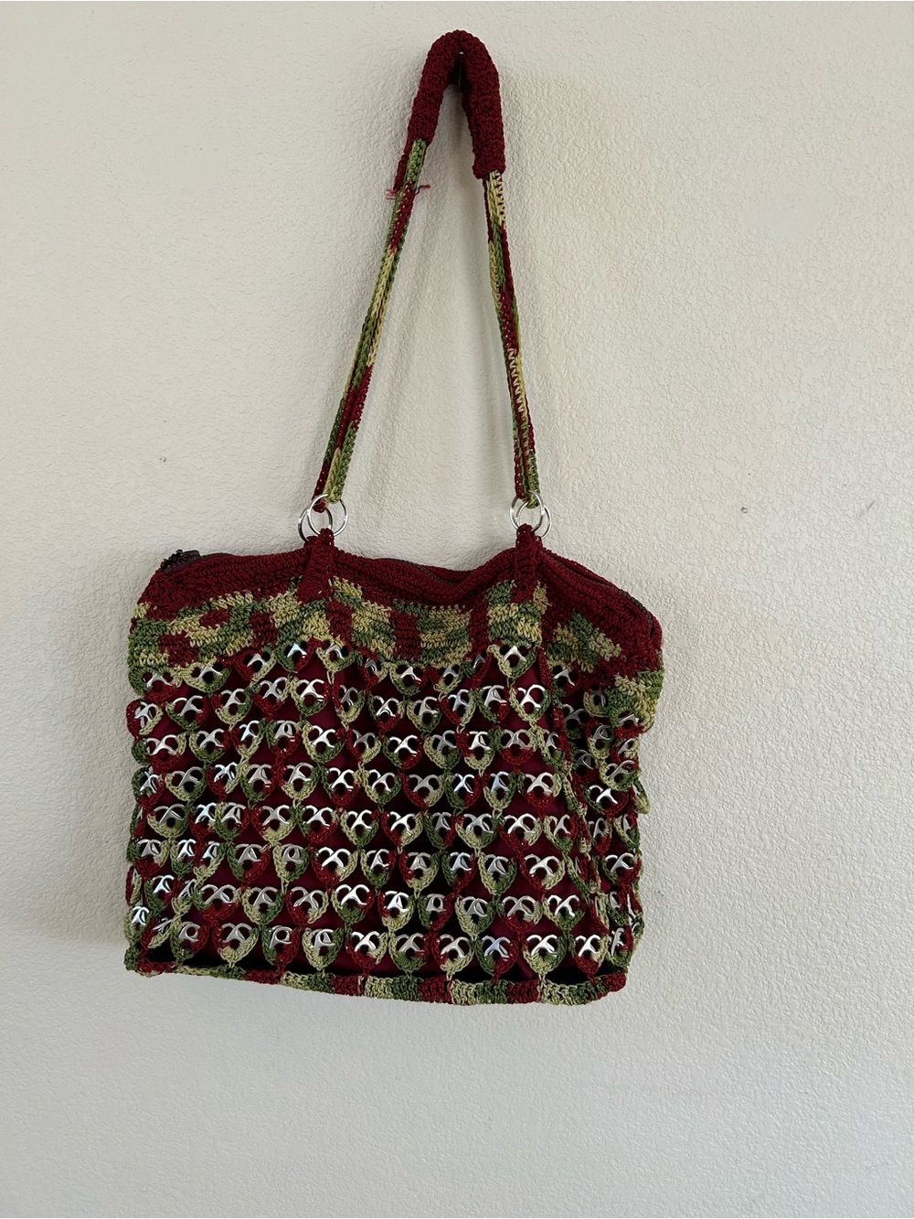 Handcrafted Red & Green Crochet Tote Bag